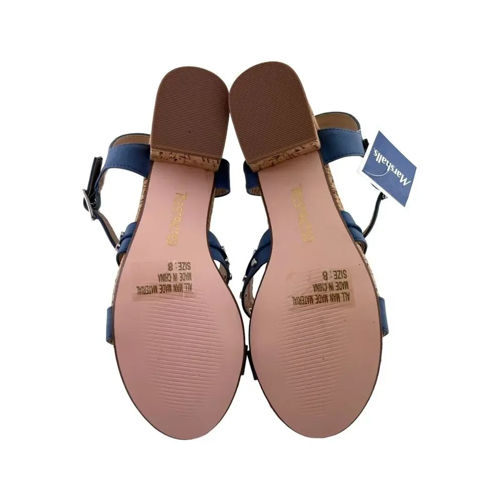 Restricted Studded Block Heel Sandals Size‎ 8M Cork Open Toe Blue Casual Summer